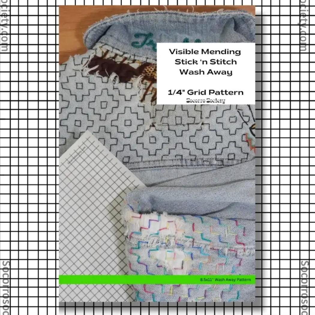 Sashiko style visible mending pattern with fabric swatches on a grid background