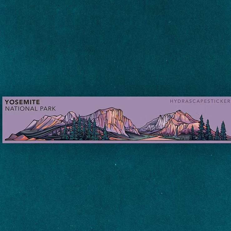 A mini infinity sticker of the Yosemite National Park. The sticker wraps around your coffee thermos multiple times to create a layered landscape. 