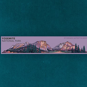 A mini infinity sticker of the Yosemite National Park. The sticker wraps around your coffee thermos multiple times to create a layered landscape. 