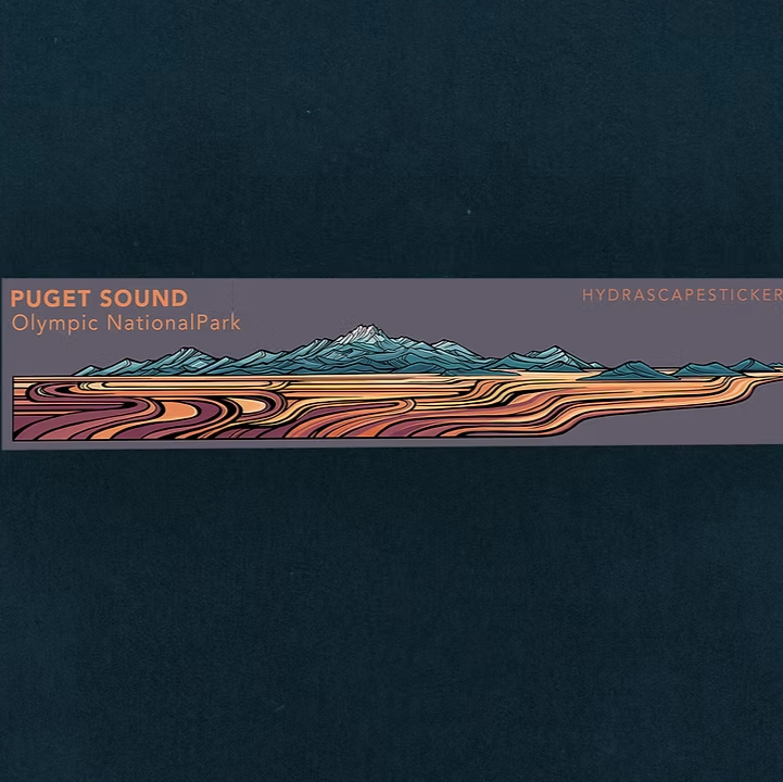 Sticker with a design of Puget Sound and Olympic National Park on a dark background. 