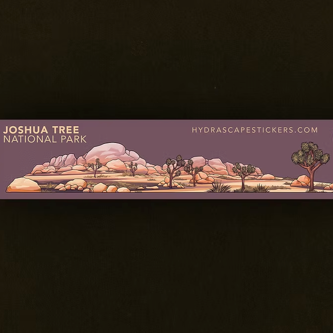 Sticker of Joshua Tree National Park design with desert landscape and snake illustration on a dark background.