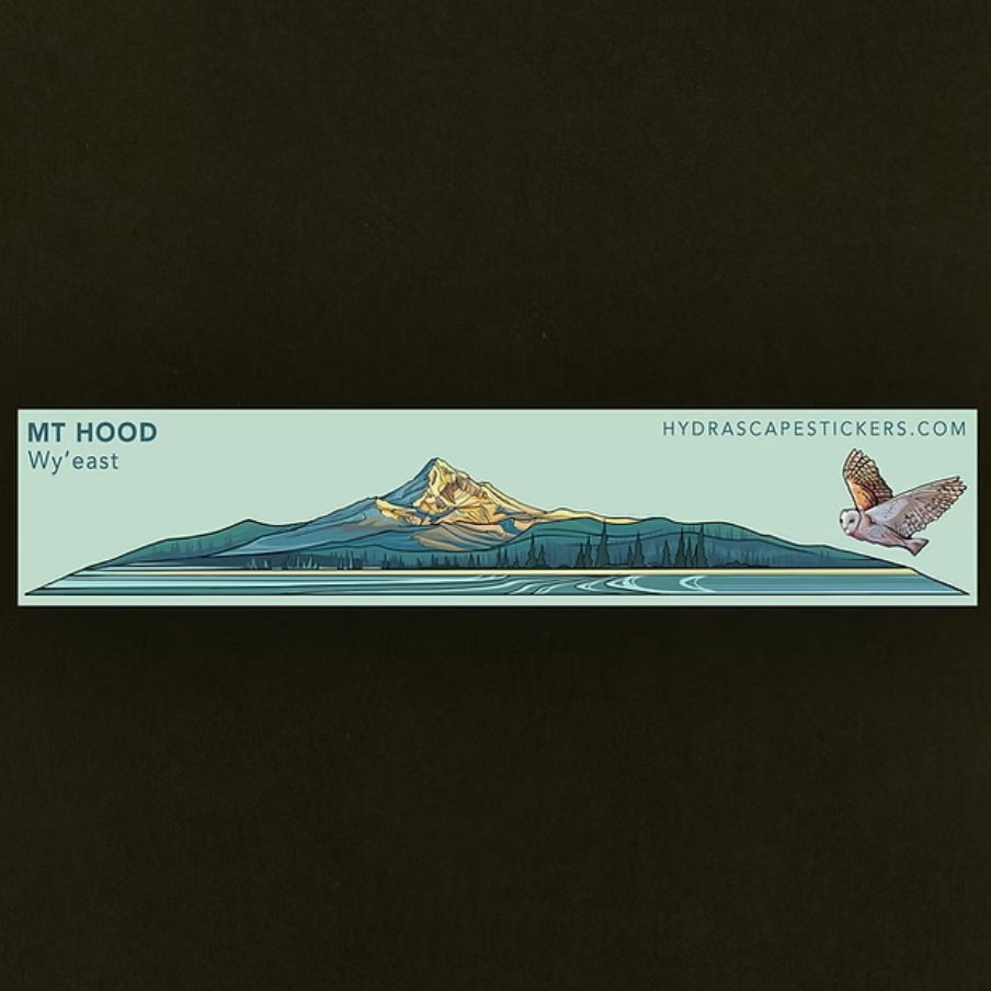 Sticker of Mount Hood with a bird on a black background. 