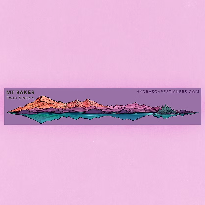 Mountain illustration with 'Mt. Baker  & Twin Sisters' on a purple background.