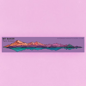 Mountain illustration with 'Mt. Baker  & Twin Sisters' on a purple background.