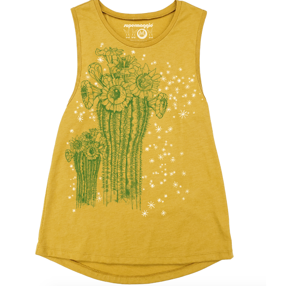 Yellow tank top with green cactus design on a white background. 