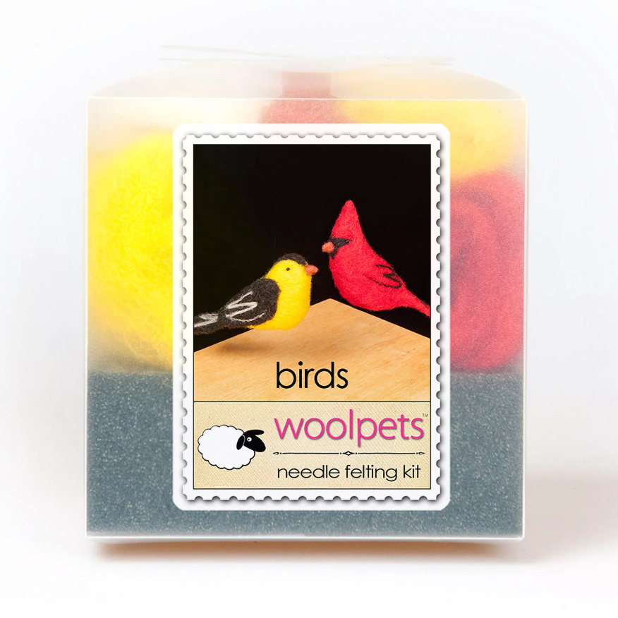 Woolpets needle felting kit packaging with bird illustration on a white background. 