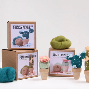 Needle felted cactus kits and wool roving on a white background.