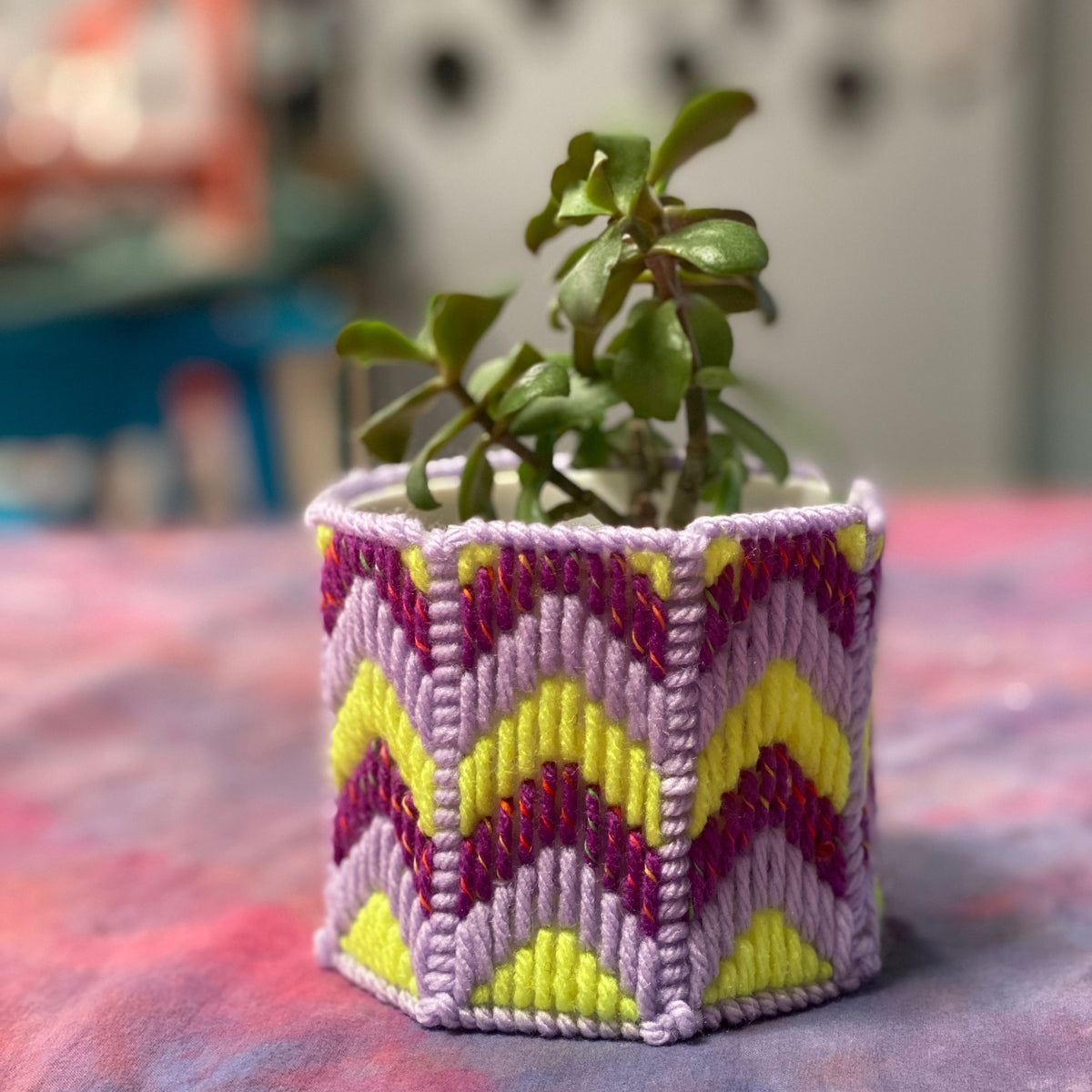 Neon green, purple and lavender needlepoint bargello plant pot cover. It is shown on an ice dyed tablecloth with a succulent inside. 