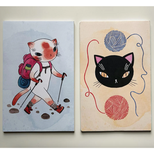 Two illustrations of cats, one with a backpack hiking and the other with yarn balls, on a light background.
