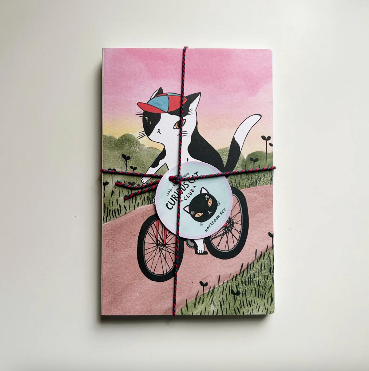 Notebook with a cat riding a bicycle illustration on the cover, tied with a string, on a white background
