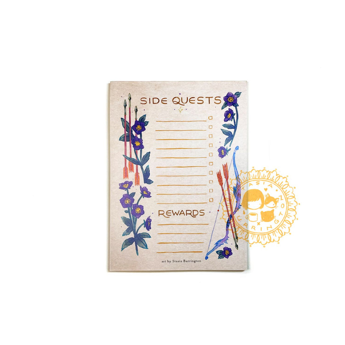 Notebook with floral design and arrows, labeled 'Rewards', on a white background.