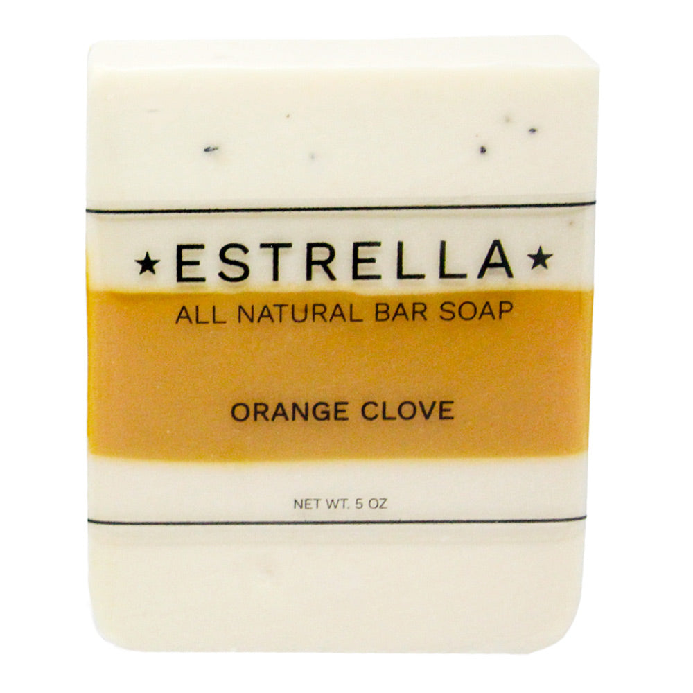 A bar of Estrella all natural bar soap with orange and clove scents, weighing 5 oz.