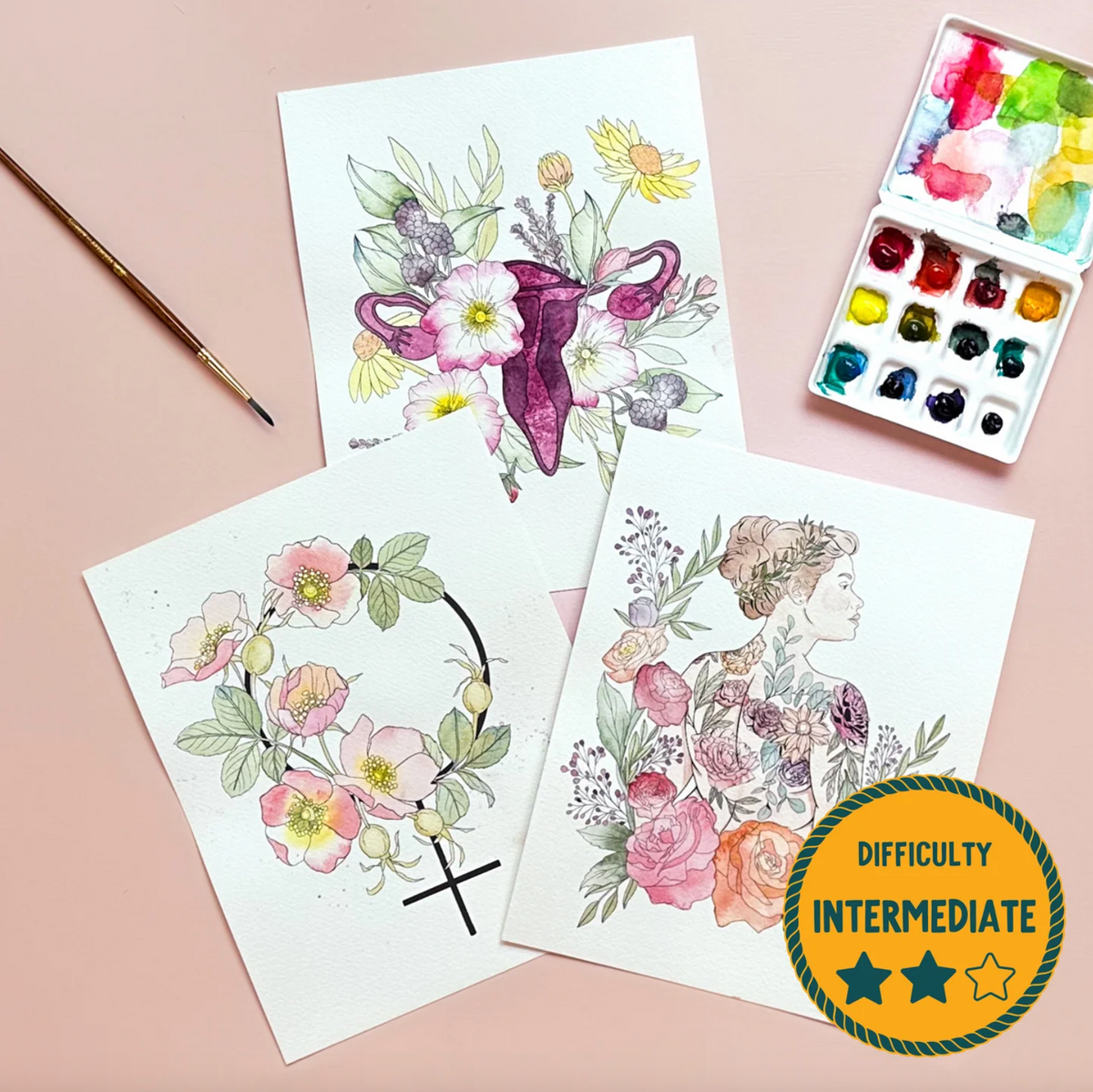 Three illustrated pieces featuring floral designs on a pink background with watercolor set and brush.