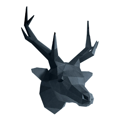 An example of the completed deer head in gray. It is shown against a white background.