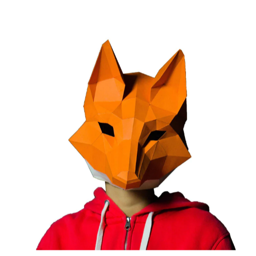A completed paper craft fox mask on a person who is wearing a red hoodie with white drawstrings.