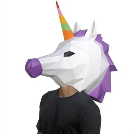 A person wearing a completed example of a unicorn mask paper craft kit. They are wearing a black tshirt. The unicorn mane and nose are purple. The horn is orange, green, yellow and pink striped. 