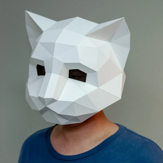 A person in a blue t-shirt wearing a completed example of a white cat mask.
