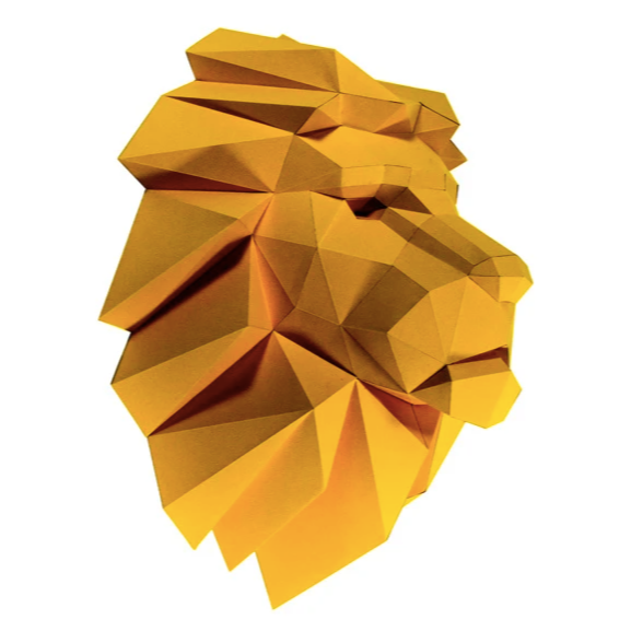 Example of completed lion head paper craft kit against a white background.