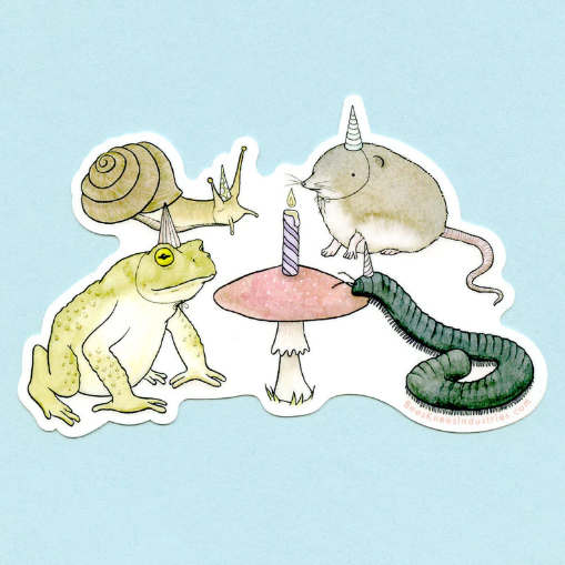 Sticker of a toad, snail, vole, and millipede sitting around a mushroom with a candle coming out of it. 