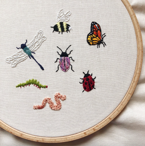 Embroidery hoop with embroidered insects on a light background