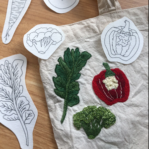 Embroidered vegetable patches on a fabric surface with outline templates nearby.