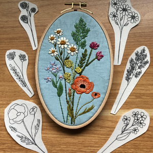 Embroidered floral design in a wooden hoop with templates on a wooden surface. 