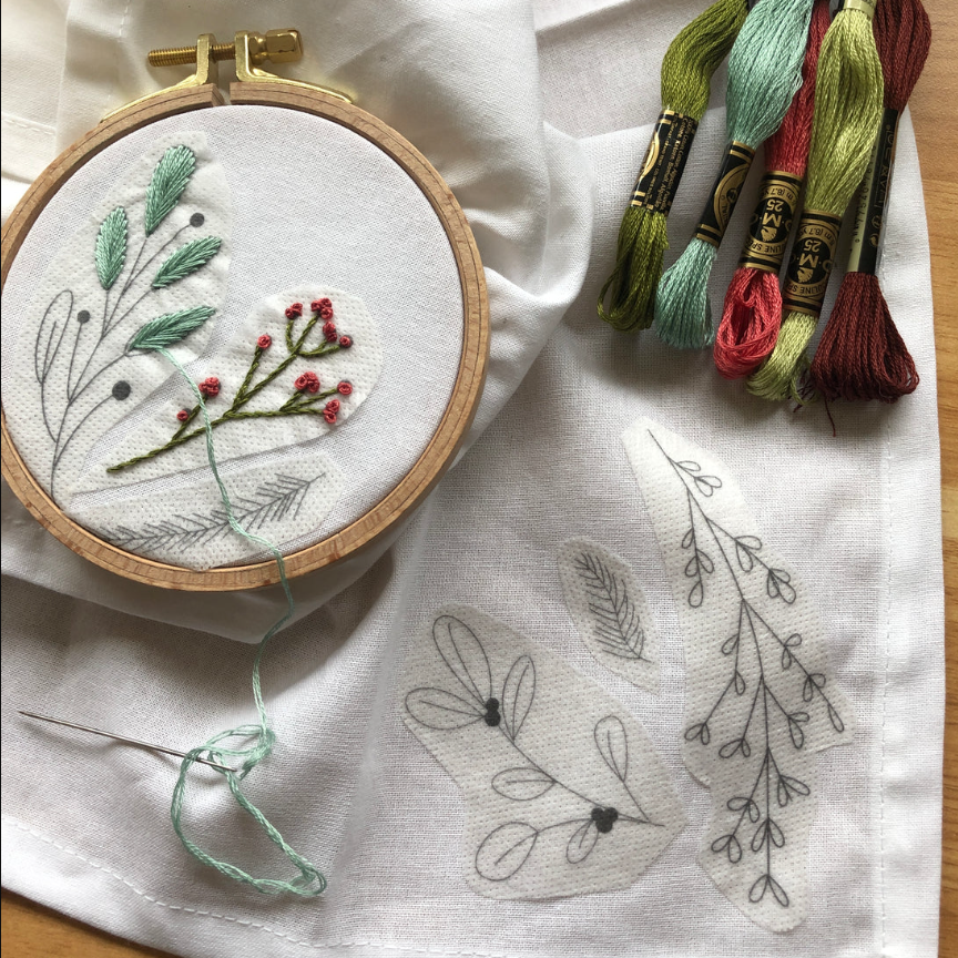 Embroidery hoop with floral design on white fabric, surrounded by embroidery threads and a needle.