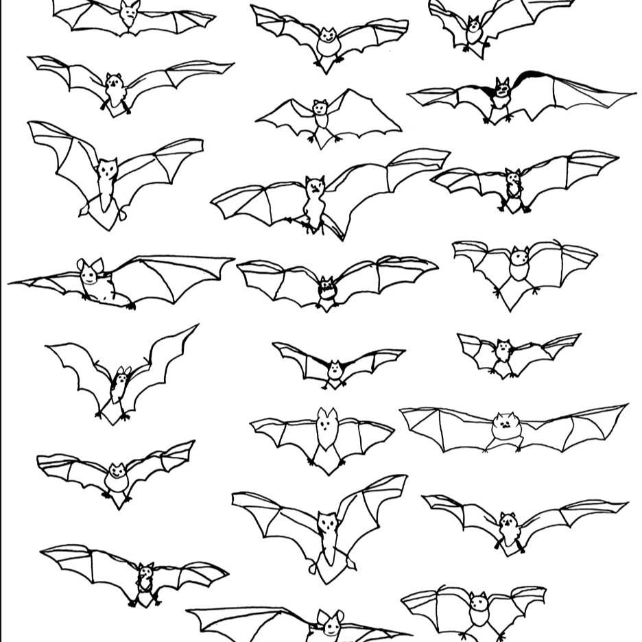 Pattern of black bat illustrations on a white background.