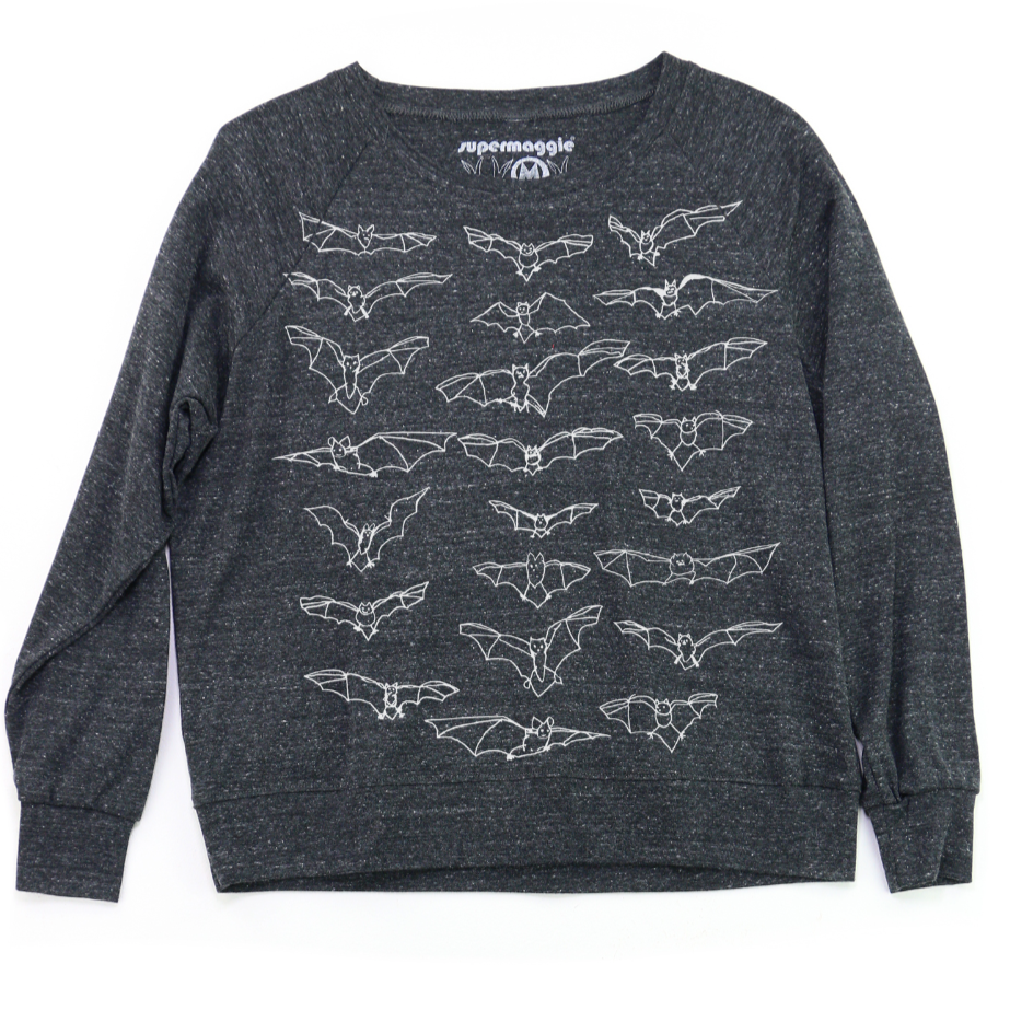 Dark gray sweatshirt with white bat illustrations on a white background. 