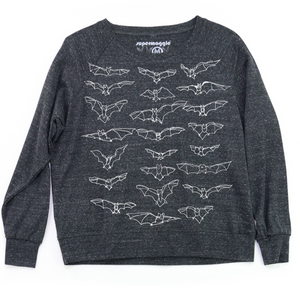 Dark gray sweatshirt with white bat illustrations on a white background. 