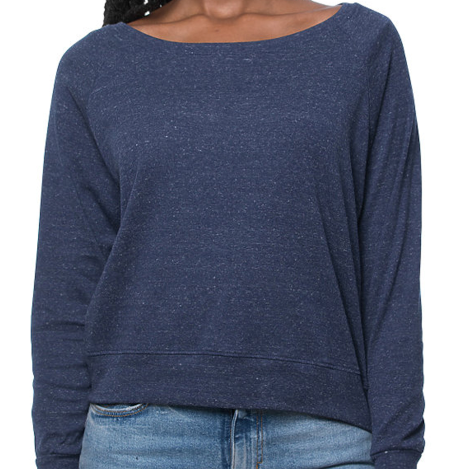 Blue sweatshirt worn by a person on a white background. 