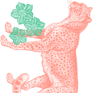 Illustration of an orange cheetah with green leaves on a white background. 