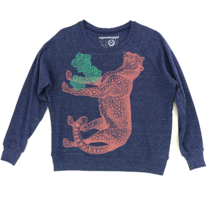 Blue sweatshirt with an orange cheetah and green leaf design on a white background. 
