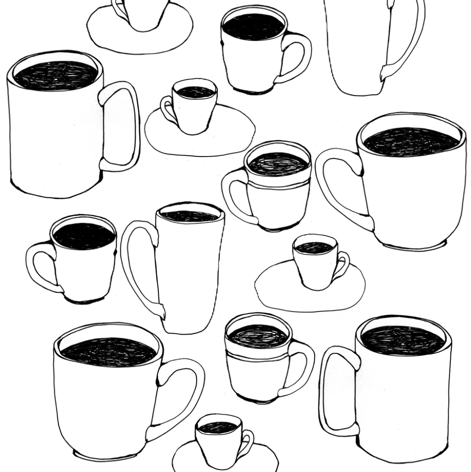 Illustration of various coffee mugs and a teapot with black coffee inside on a white background.