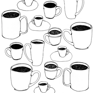 Illustration of various coffee mugs and a teapot with black coffee inside on a white background.