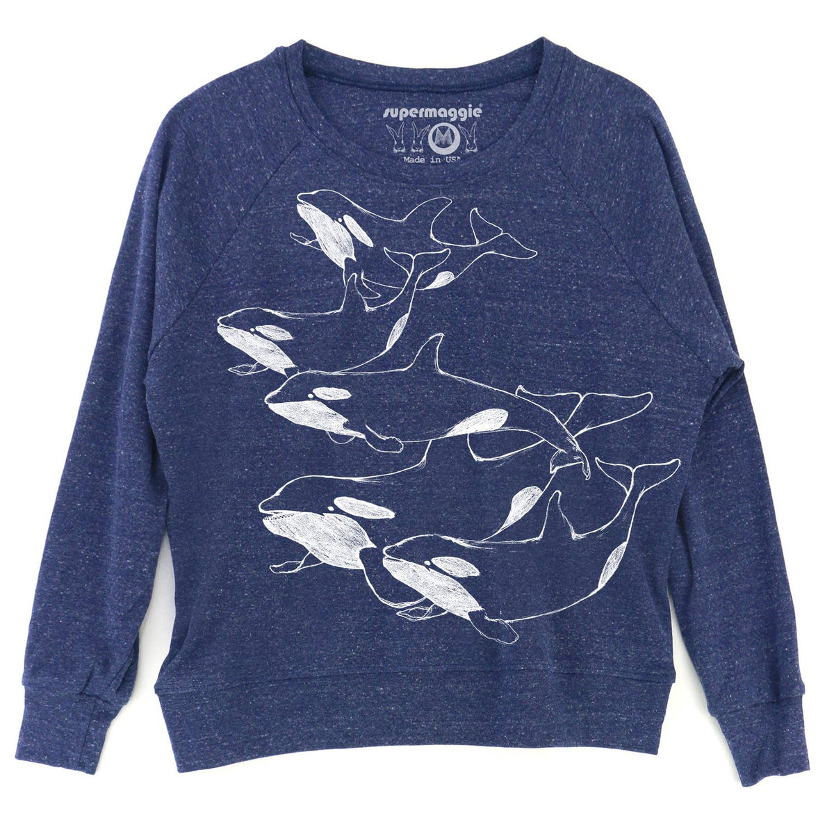 A blueberry colored crewneck sweatshirt featuring a white line art graphic of four orcas on the front, with the 'supermaggie' brand logo printed inside the collar.