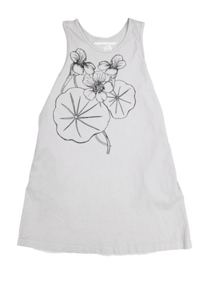 A sleeveless white tank dress featuring a black line art graphic of flowers and lily pads on the front, displayed against a plain white background.