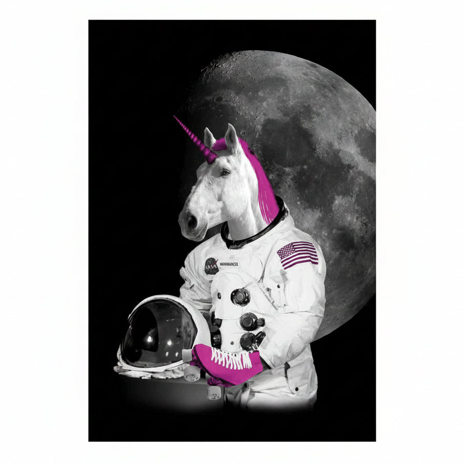 A black, white and neon pink roller skating unicorn is holding a helmet with the moon in the background 