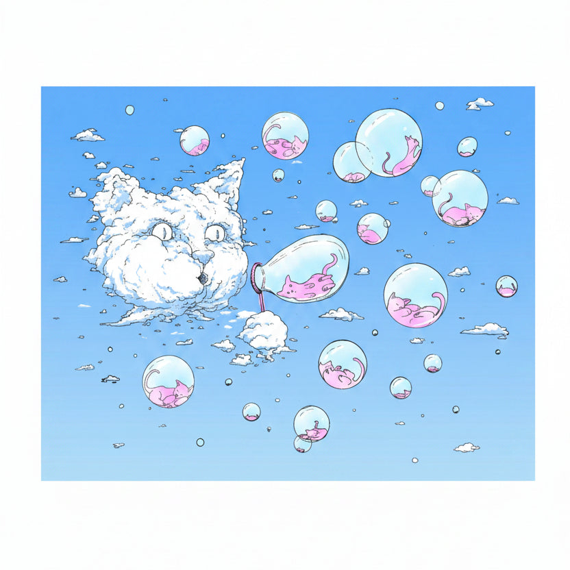 A cloud cat is blowing bubbles. Inside the bubbles are sleeping kitties against a blue background. 
