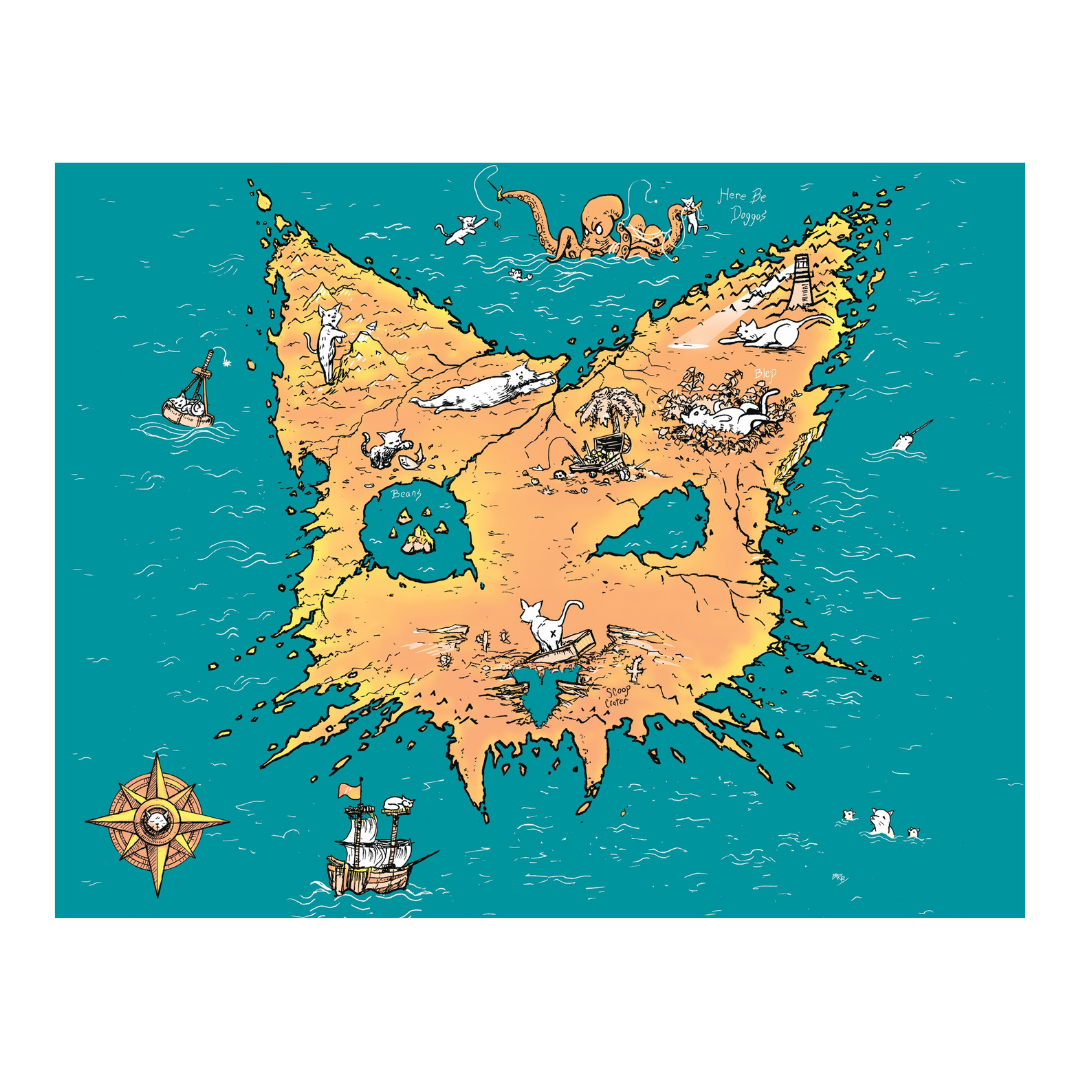 A whimsical illustrated map of an island surrounded by teal water, featuring cartoon ships, sea creatures, a lighthouse, and small beach and water activities.