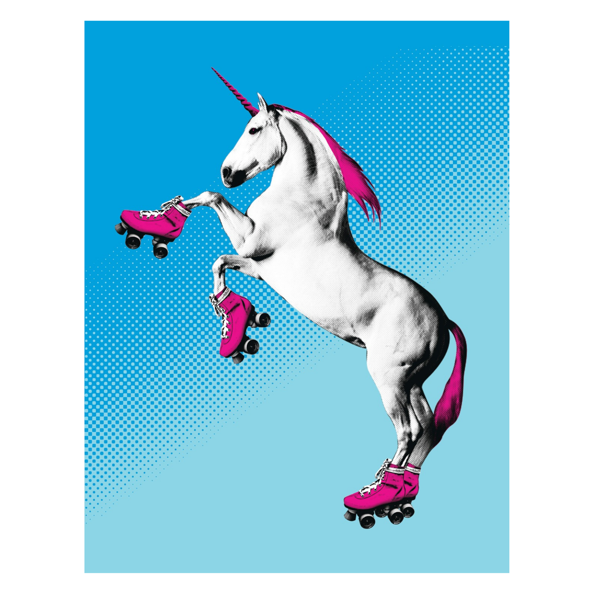 A stylized pop-art illustration of a white unicorn with a pink horn and pink mane/tail, rearing on roller skates against a bright blue halftone background.