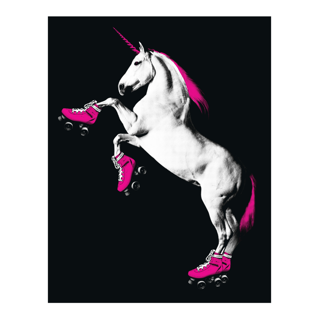 A stylized poster or print showing a white unicorn rearing up on its hind legs, with hot pink roller skates and a matching pink horn set against a solid black background.