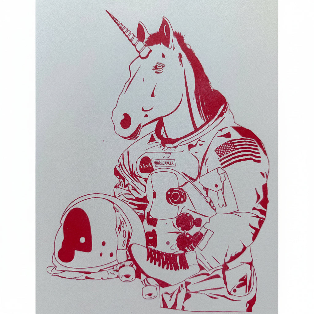 Red illustration of a unicorn astronaut with a helmet on a white background. 