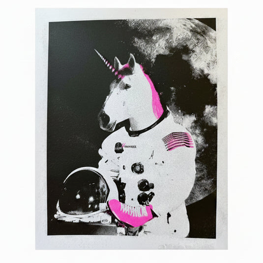 Unicorn astronaut with pink hair and a helmet against a moon background. He is also wearing neon roller skates. 