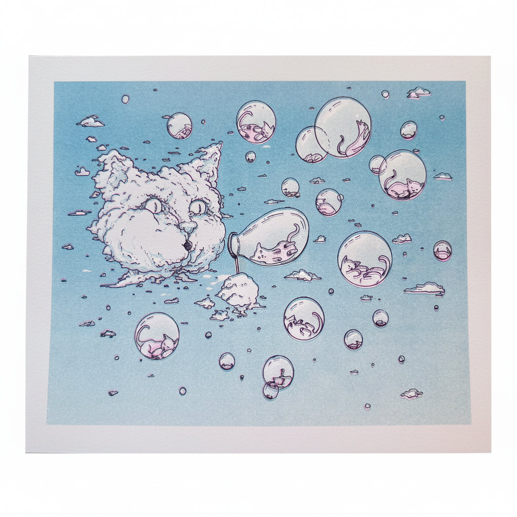 Cartoon illustration of a cloud cat surrounded by bubbles with smaller cats inside on a blue background.