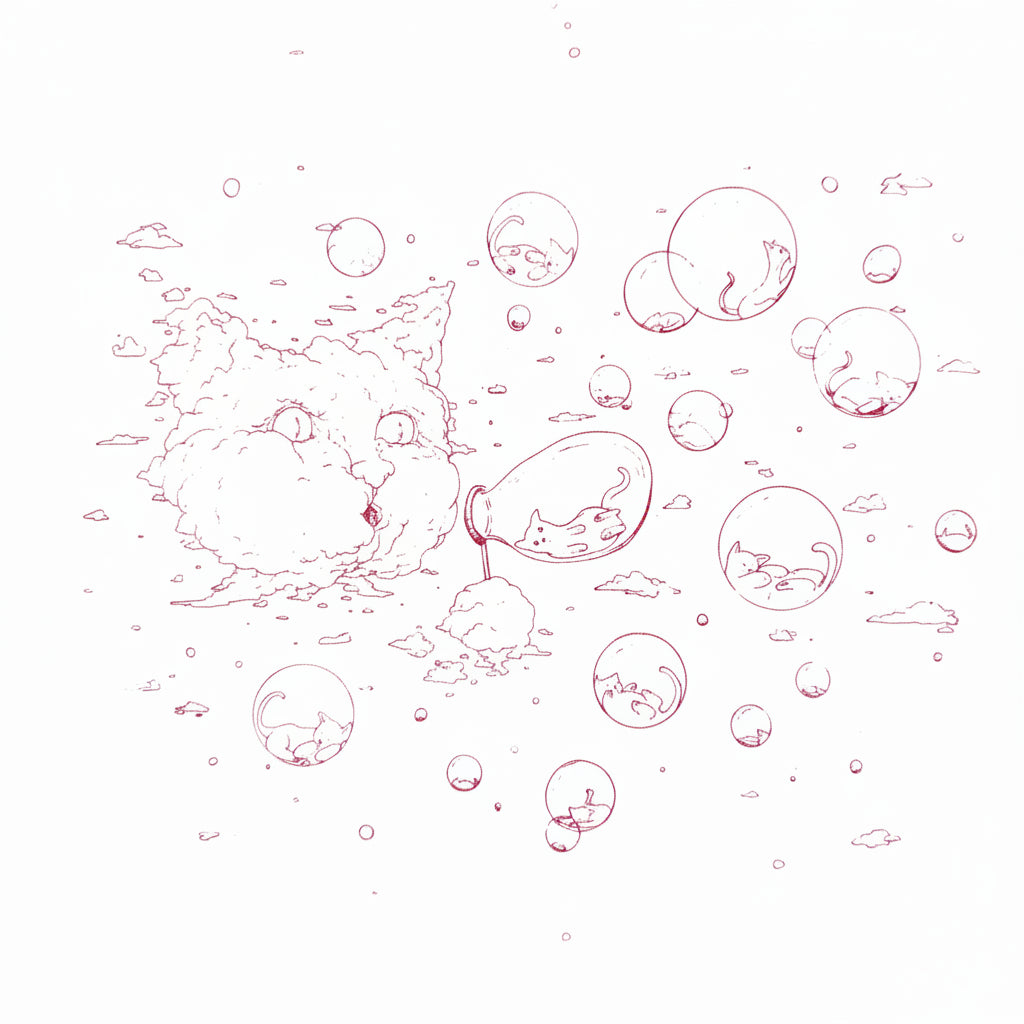 Cartoon character cloud cat blowing bubbles. Inside the bubbles are sleeping kittens. Red ink on a white background. 