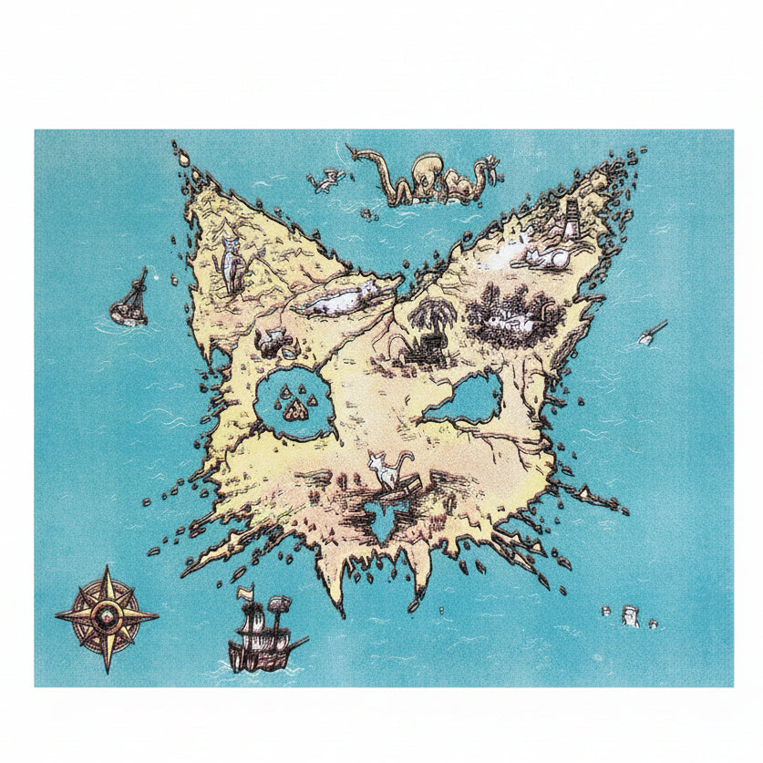 A vintage-style fantasy map illustration of an island. The map features a beige and yellow terrain with detailed illustrations of forests, mountains, and ruins, surrounded by a bright turquoise blue ocean. The map is in the shape of a cat head. 