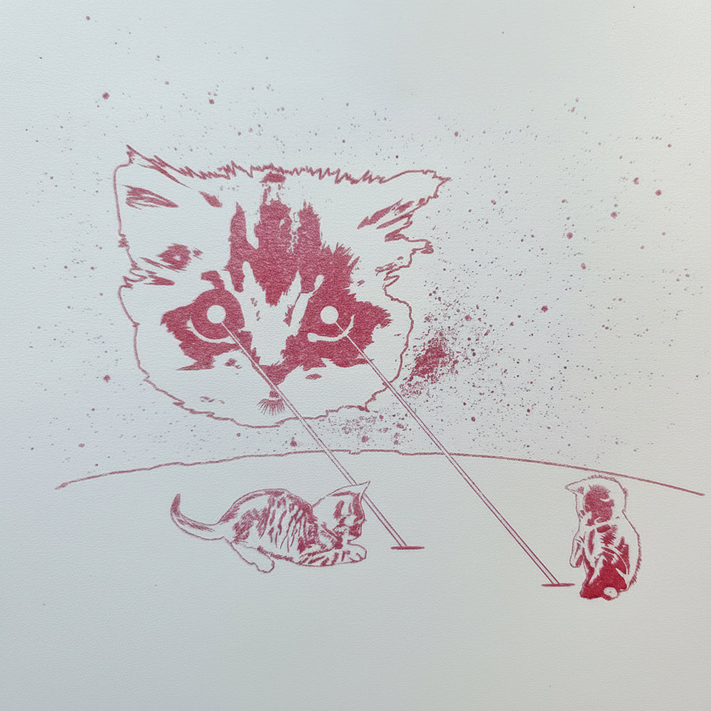 Red ink drawing of a cat shooting lasers out of his eye. Kittens are playing in the lasers. 
