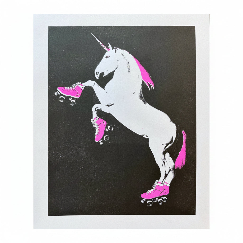 Unicorn with pink roller skates on a black background. 