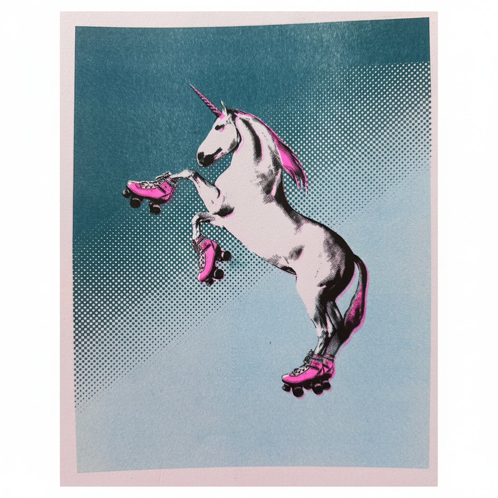 Unicorn on roller skates with pink roller skates against a blue gradient background. 